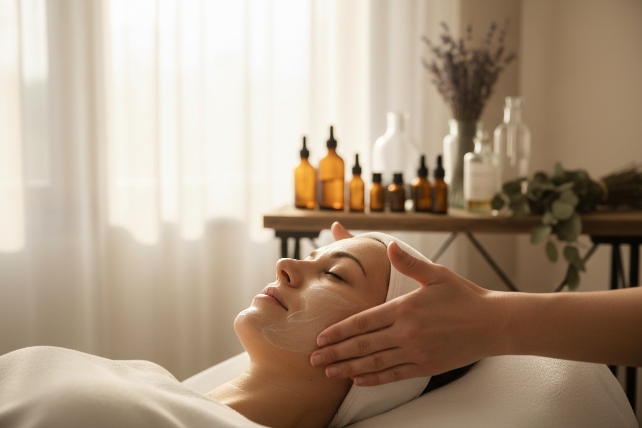 a close up of a woman having a facial done in a naturally lit room with essential oils in the background
